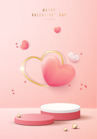 Happy valentines day and stage podium decorated with heart shape. pedestal scene with for product, cosmetic, advertising, show, award ceremony, on pink background and light. vector design.のイラスト素材