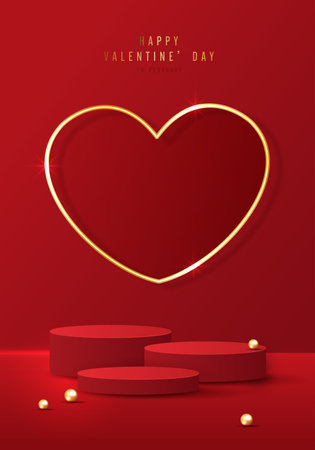 Happy valentines day and stage podium decorated with heart shape. pedestal scene with for product, cosmetic, advertising, show, award ceremony, on red background and light. vector design.のイラスト素材