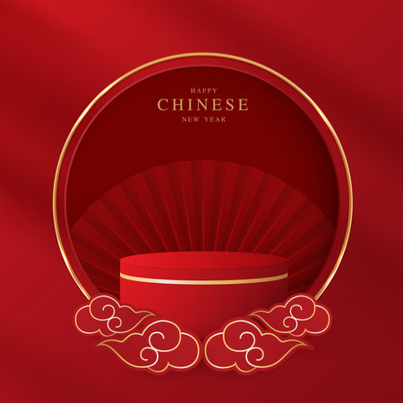Podium stage chinese style for chinese new year and festivals or mid autumn festival with red background. mock up stage with festive lanterns and clouds. vector design.のイラスト素材