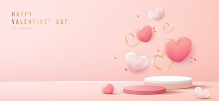 Happy valentines day and stage podium decorated with heart shape. pedestal scene with for product, cosmetic, advertising, show, award ceremony, on pink background and light. vector design.のイラスト素材