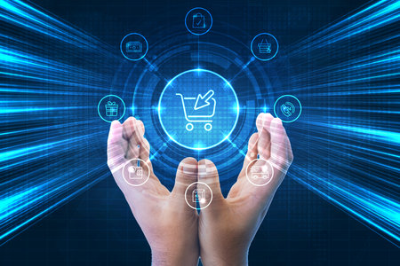 Close-up man's hand has an order button in the shape of a shopping cart rising from his hand to shopping offers, isolated on Blue light streak, fiber optic, speed line, futuristic background.の写真素材