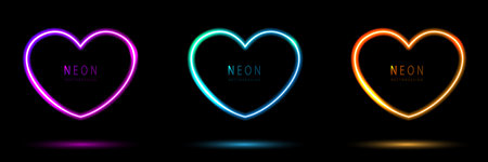 Set of neon light heart shape frames design on a dark background. gradient glowing borders. elements valentine day festival design. colorful futuristic Valentines Day. vector design.のイラスト素材