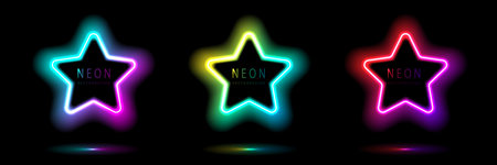 Set of neon light star shape frames design on a dark background. gradient glowing borders. elements valentine day festival design. colorful futuristic Valentines Day. vector design.のイラスト素材