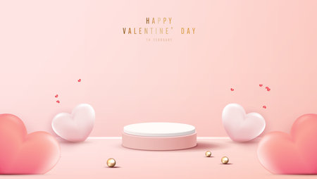 Happy valentines day and stage podium decorated with heart shape. pedestal scene with for product, cosmetic, advertising, show, award ceremony, on pink background and light. vector design.のイラスト素材