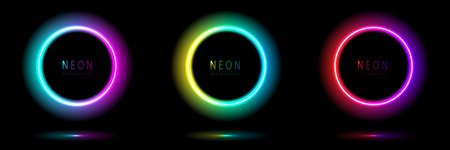 Set of neon light circle shape frames design on a dark background. gradient glowing borders. elements valentine day festival design. colorful futuristic Valentines Day. vector design.のイラスト素材