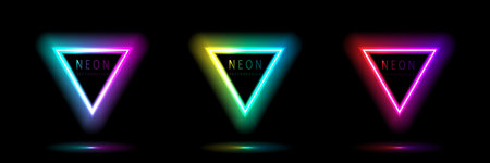 Set of neon light triangle shape frames design on a dark background. gradient glowing borders. elements valentine day festival design. colorful futuristic Valentines Day. vector design.のイラスト素材