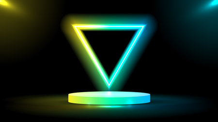 Podium or stand with triangle line gradient neon in Sci-fi. abstract scene with yellow and blue neon frame. vector rendering product display. futuristic minimal scene. vector design.のイラスト素材