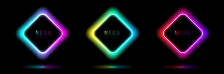 Set of neon light square shape frames design on a dark background. gradient glowing borders. elements valentine day festival design. colorful futuristic Valentines Day. vector design.のイラスト素材