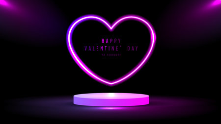 Podium or stand with line gradient neon light heart shape frames design on a dark background. gradient glowing borders. elements valentine day festival design. colorful futuristic Valentines Day.のイラスト素材