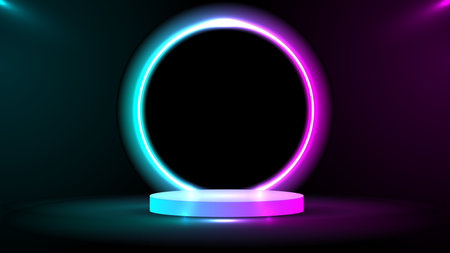 Podium or stand with line gradient neon in Sci-fi. abstract scene with pink and blue neon frame. vector rendering product display. futuristic minimal scene. vector design.のイラスト素材