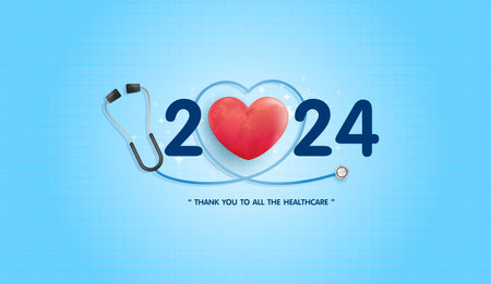 2024 health care with stethoscope, world and heartbeat. happy new year for health care, Insurance, wellness and medical concept. vector design.のイラスト素材
