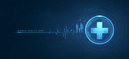 World Health Day is a global health awareness day celebrated every year on 7th April. health care medical science with icon digital technology world concept modern business. vector designのイラスト素材