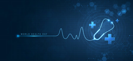 World Health Day is a global health awareness day celebrated every year on 7th April. health care medical science with icon digital technology world concept modern business. vector designのイラスト素材
