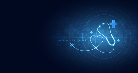 World Health Day is a global health awareness day celebrated every year on 7th April. health care medical science with icon digital technology world concept modern business. vector designのイラスト素材