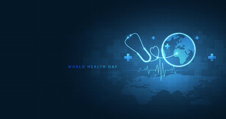 World Health Day is a global health awareness day celebrated every year on 7th April. health care medical science with icon digital technology world concept modern business. vector designのイラスト素材