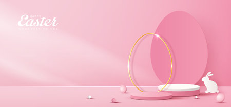 Happy Easter pink background and podium display for product presentation branding and packaging presentation. studio stage with eggs and rabbit background. vector design.のイラスト素材