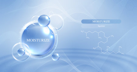 Moisturizer and hyaluronic acid on a blue background. skin care with water droplets is absorbed into the skin and cells. use ads, lotions, serums, creams. medical and scientific concepts. vector.のイラスト素材