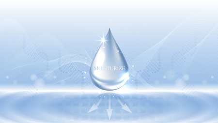 Moisturizer and hyaluronic acid on a blue background. skin care with water droplets is absorbed into the skin and cells. use ads, lotions, serums, creams. medical and scientific concepts. vector.のイラスト素材