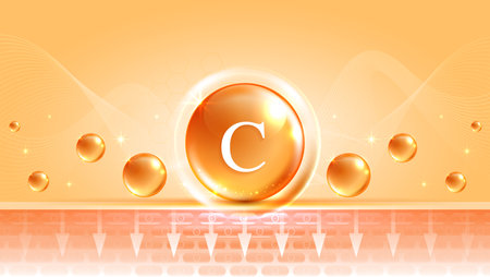 Vitamin C. drop vitamin C and cream collagen complex with from serum nature skin care vitamins. natural skin care cosmetic stimulate collagen. vector design.のイラスト素材
