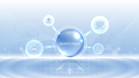 Moisturizer and hyaluronic acid on a blue background. skin care with water droplets is absorbed into the skin and cells. use ads, lotions, serums, creams. medical and scientific concepts. vector.のイラスト素材