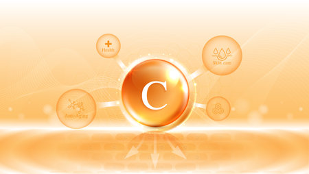 Vitamin C. drop vitamin C and cream collagen complex with from serum nature skin care vitamins. natural skin care cosmetic stimulate collagen. vector design.のイラスト素材