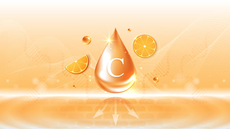 Vitamin C and orange fruit. drop vitamin C and cream collagen complex with from serum nature skin care vitamins. natural skin care cosmetic stimulate collagen. vector design.のイラスト素材