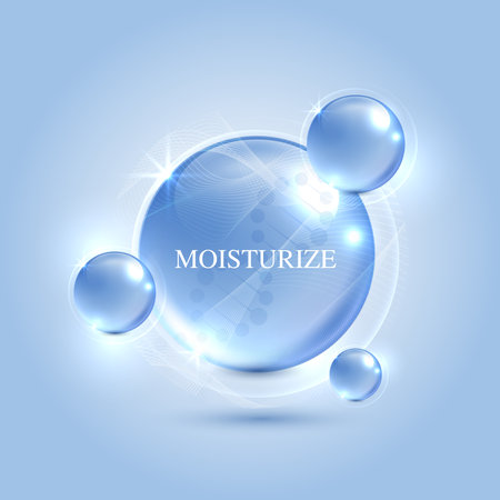 Moisturizer and hyaluronic acid on a blue background. skin care with water droplets is absorbed into the skin and cells. use ads, lotions, serums, creams. medical and scientific concepts. vector.のイラスト素材