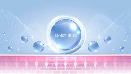 Moisturizer and hyaluronic acid on a blue background. skin care with water droplets is absorbed into the skin and cells. use ads, lotions, serums, creams. medical and scientific concepts. vector.のイラスト素材