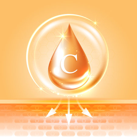 Vitamin C and orange fruit. drop vitamin C and cream collagen complex with from serum nature skin care vitamins. natural skin care cosmetic stimulate collagen. vector design.のイラスト素材