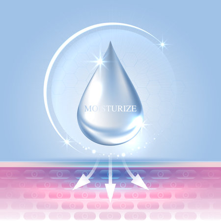 Moisturizer and hyaluronic acid on a blue background. skin care with water droplets is absorbed into the skin and cells. use ads, lotions, serums, creams. medical and scientific concepts. vector.のイラスト素材