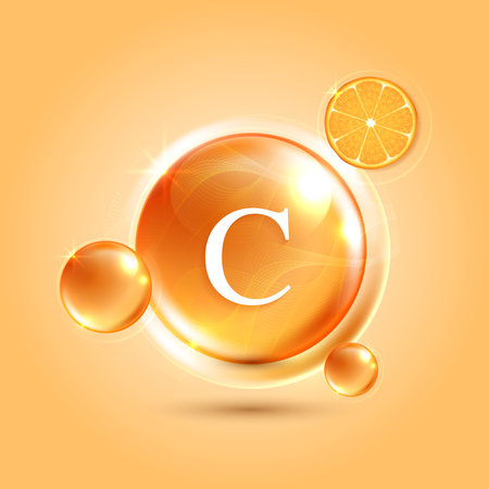 Vitamin C. drop vitamin C and cream collagen complex with from serum nature skin care vitamins. natural skin care cosmetic stimulate collagen. vector design.のイラスト素材