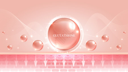 Glutathione serum drops over pink skin cells with cosmetic advertising. healthy life medical and dietary supplement. natural skin care cosmetic stimulate collagen. vector design.のイラスト素材
