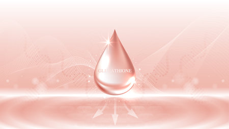 Glutathione serum drops over pink skin cells with cosmetic advertising. healthy life medical and dietary supplement. natural skin care cosmetic stimulate collagen. vector design.のイラスト素材
