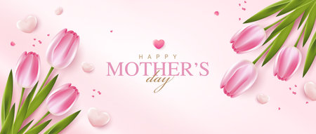 Happy Mother's Day with beautiful flowers tulips and hearts on pink background. illustration for greeting card, ad, promotion, poster, flier, blog, article, social media, marketing. vector design.のイラスト素材