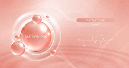 Glutathione serum drops over pink skin cells with cosmetic advertising. healthy life medical and dietary supplement. natural skin care cosmetic stimulate collagen. vector design.のイラスト素材