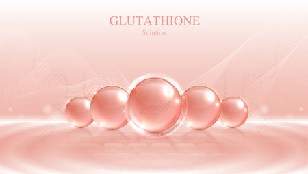 Glutathione serum drops over pink skin cells with cosmetic advertising. healthy life medical and dietary supplement. natural skin care cosmetic stimulate collagen. vector design.のイラスト素材