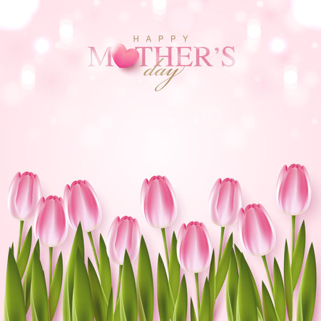 Happy Mother's Day with beautiful flowers tulips and hearts on pink background. illustration for greeting card, ad, promotion, poster, flier, blog, article, social media, marketing. vector design.のイラスト素材