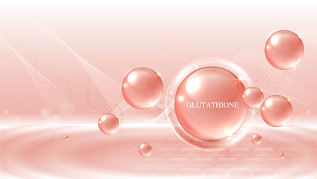 Glutathione serum drops over pink skin cells with cosmetic advertising. healthy life medical and dietary supplement. natural skin care cosmetic stimulate collagen. vector design.のイラスト素材