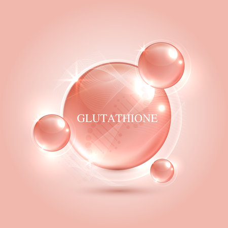 Glutathione serum drops over pink skin cells with cosmetic advertising. healthy life medical and dietary supplement. natural skin care cosmetic stimulate collagen. vector design.のイラスト素材