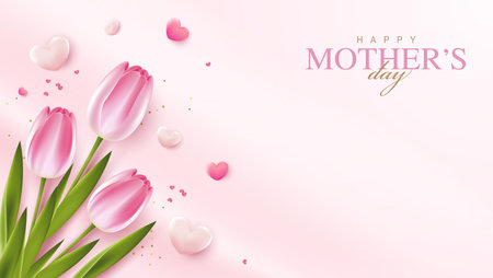 Happy Mother's Day with beautiful flowers tulips and hearts on pink background. illustration for greeting card, ad, promotion, poster, flier, blog, article, social media, marketing. vector design.のイラスト素材