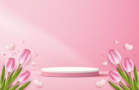 Display podium for Mother's day, Valentine's Day with heart and flower. minimal pink background. product display presentation. studio room concept, minimal wall scene. vector design.のイラスト素材