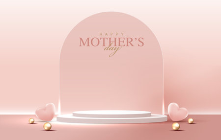 Display podium for Mother's day and Valentine's Day with heart. minimal pink background. product display presentation. studio room concept, minimal wall scene. vector design.のイラスト素材