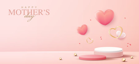 Display podium for Mother's day and Valentine's Day with heart. minimal pink background. product display presentation. studio room concept, minimal wall scene. vector design.のイラスト素材