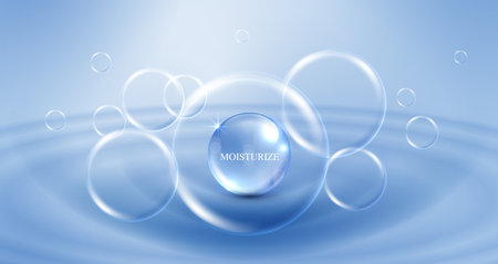 Moisturizer and hyaluronic acid on a blue background. skin care with water droplets is absorbed into the skin and cells. use ads, lotions, serums, creams. medical and scientific concepts. vector.のイラスト素材