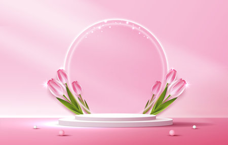 Display podium for Mother's day, Valentine's Day with heart and flower. minimal pink background. product display presentation. studio room concept, minimal wall scene. vector design.のイラスト素材
