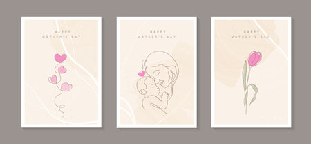 Happy Mother's Day with line art child, hands, flowers and hearts. mom hugging her baby. hand drawn for Happy International Mother's Day card, loving family, parenthood childhood concept. vector.のイラスト素材