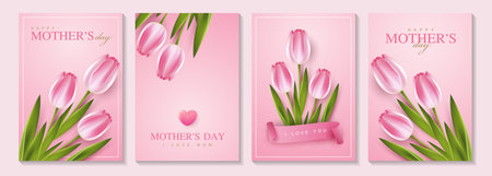 Happy Mother's Day with beautiful flowers tulips and hearts. illustration for greeting card, ad, promotion, poster, flier, blog, article, social media, marketing. vector design.のイラスト素材