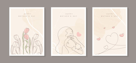 Happy Mother's Day with line art child, hands, flowers and hearts. mom hugging her baby. hand drawn for Happy International Mother's Day card, loving family, parenthood childhood concept. vector.のイラスト素材