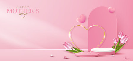 Display podium for Mother's day, Valentine's Day with heart and flower. minimal pink background. product display presentation. studio room concept, minimal wall scene. vector design.のイラスト素材