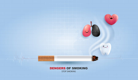 Teeth, lungs and heart feel bad with smoke problem. dangers of smoking. cigarette burns out and kills the teeth. save your teeth effects dental health. vector design.のイラスト素材